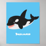 Funny killer whale orca cute cartoon illustration ポスター<br><div class="desc">This cute design features a happy smiling killer whale blowing bubbles on a blue background for fun!</div>