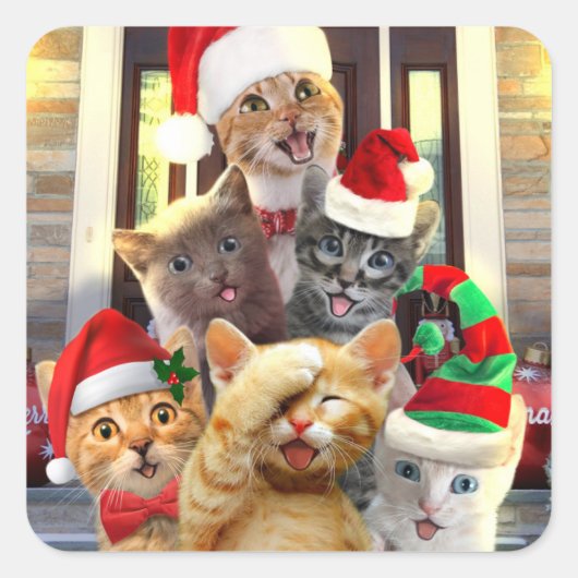 Funny kittens in Christmas Day スクエアシール (正面)