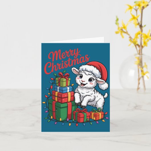 Funny Lamb Santa Hat Animals Lovers Ugly Christmas カード (黄色い花)