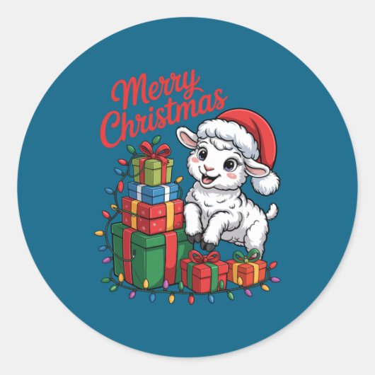 Funny Lamb Santa Hat Animals Lovers Ugly Christmas ラウンドシール (正面)