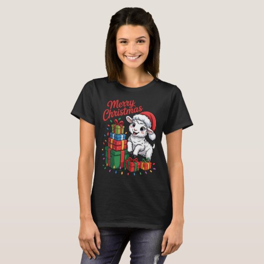 Funny Lamb Santa Hat Animals Lovers Ugly Christmas Tシャツ (正面フル)