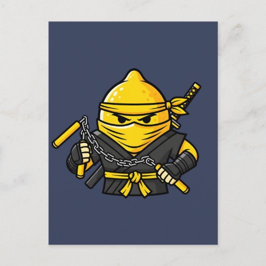 Funny Lemon Shinobi Ninja Nunchucks Illustration ポストカード (正面)