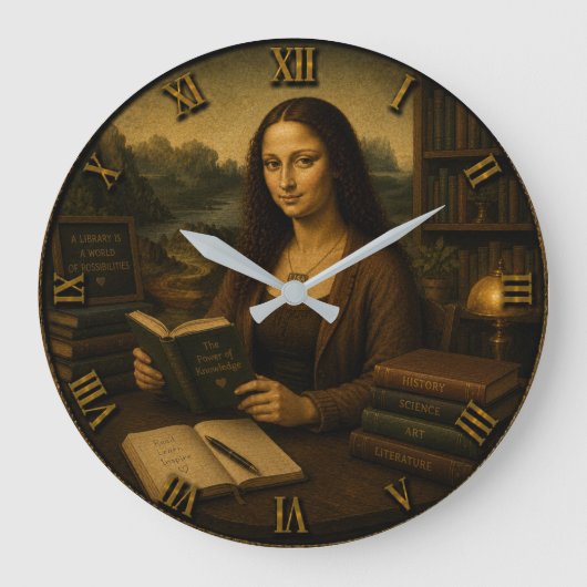 Funny Librarian Mona Lisa Library Lover Gift ラージ壁時計 (正面)