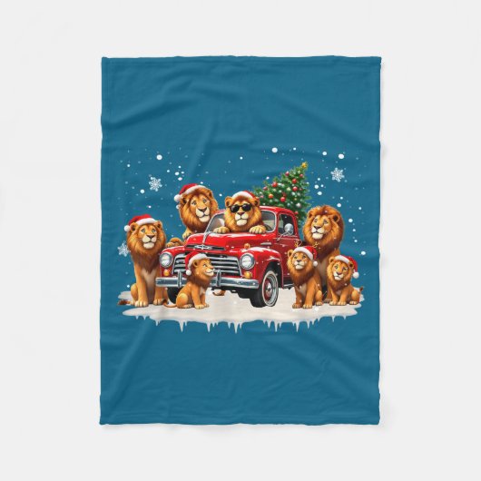 Funny Lion Riding Christmas Tree Truck Christmas  フリースブランケット (正面)