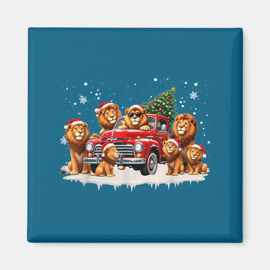 Funny Lion Riding Christmas Tree Truck Christmas マグネット (正面)