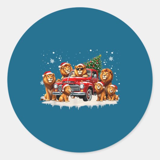 Funny Lion Riding Christmas Tree Truck Christmas ラウンドシール (正面)