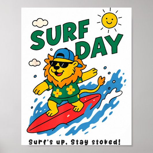 Funny Lion Surfing Summer Vacation Surf Day Boys G ポスター (正面)