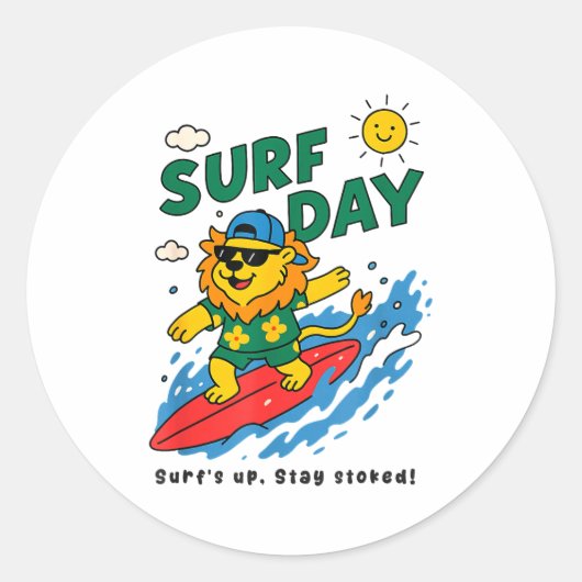 Funny Lion Surfing Summer Vacation Surf Day Boys G ラウンドシール (正面)