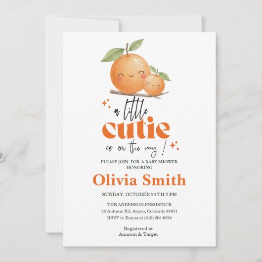 funny Little Cutie orange baby shower 招待状 (正面)