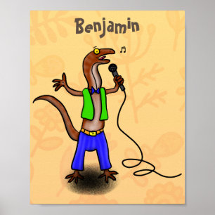Funny lizard singing with microphone cartoon ポスター
