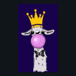 Funny Llama Illustration Blowing a Pink Bubble ポスター<br><div class="desc">A poster with a whimsical llama blowing a pink bubble while chewing gum. Wearing a gold crown and a black bow tie. Dark purple background.</div>