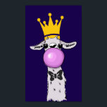 Funny Llama Illustration Blowing a Pink Bubble ポスター<br><div class="desc">A poster with a whimsical llama blowing a pink bubble while chewing gum. Wearing a gold crown and a black bow tie. Dark purple background.</div>