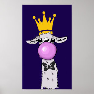 Funny Llama Illustration Blowing a Pink Bubble ポスター