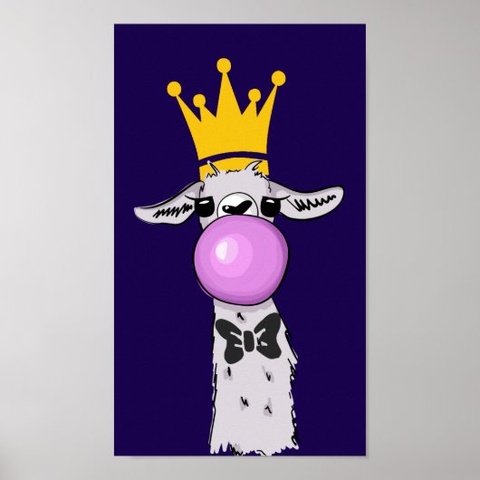 Funny Llama Illustration Blowing a Pink Bubble ポスター (正面)