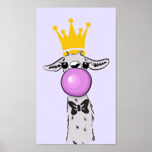 Funny Llama Illustration Blowing a Pink Bubble ポスター