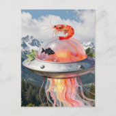 Funny Lobster Fish Surreal Jellyfish UFO Collage ポストカード (正面)