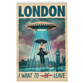 Funny London Alien Abduction Retro Sci-Fi Poster カレンダー