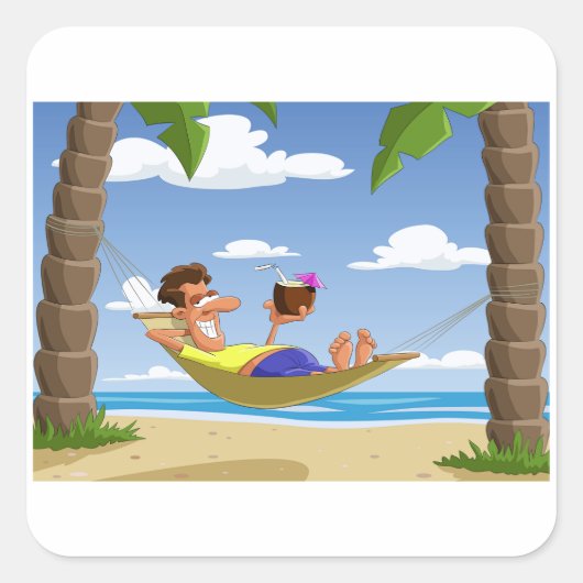 Funny Man Relaxing in Beach Hammock スクエアシール (正面)