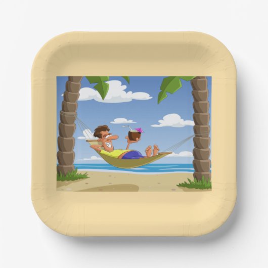 Funny Man Relaxing in Beach Hammock ペーパープレート (正面)