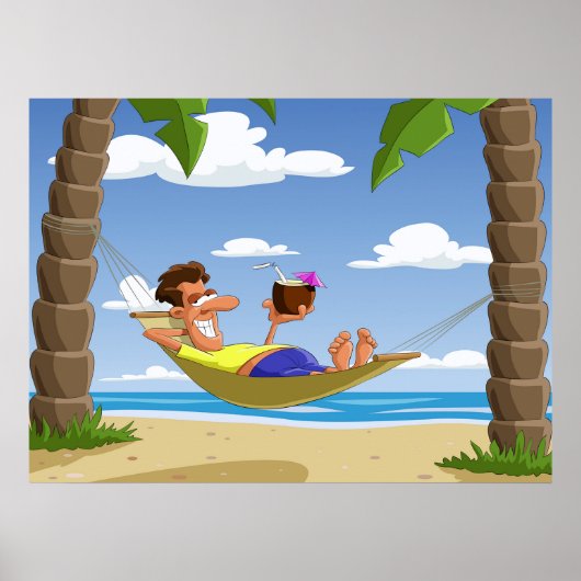 Funny Man Relaxing in Beach Hammock ポスター (正面)