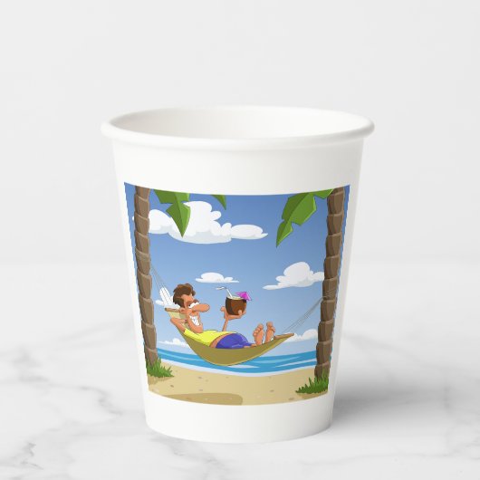 Funny Man Relaxing in Beach Hammock 紙コップ (正面)