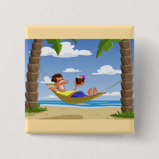 Funny Man Relaxing in Beach Hammock 缶バッジ (正面)