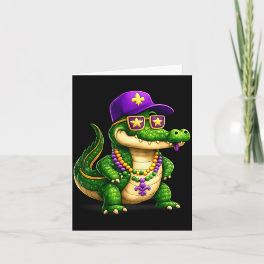 Funny Mardi Gras Alligator Beads Carnival Celebrat カード (正面)