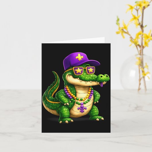 Funny Mardi Gras Alligator Beads Carnival Celebrat カード (黄色い花)