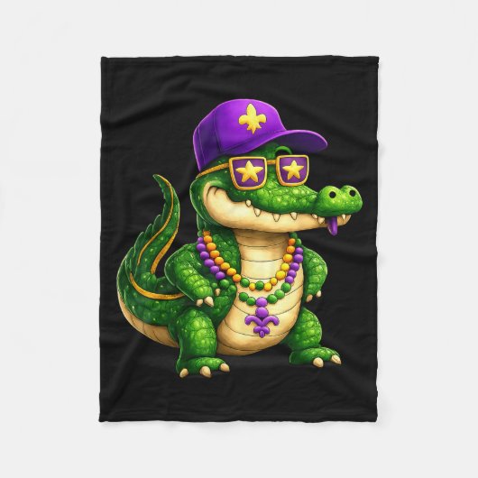 Funny Mardi Gras Alligator Beads Carnival Celebrat フリースブランケット (正面)