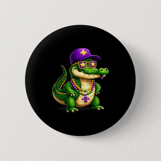 Funny Mardi Gras Alligator Beads Carnival Celebrat 缶バッジ (正面)