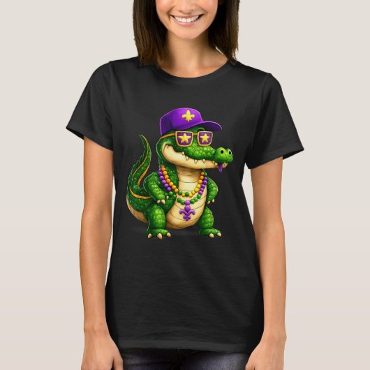 Funny Mardi Gras Alligator Beads Carnival Celebrat Tシャツ (正面)