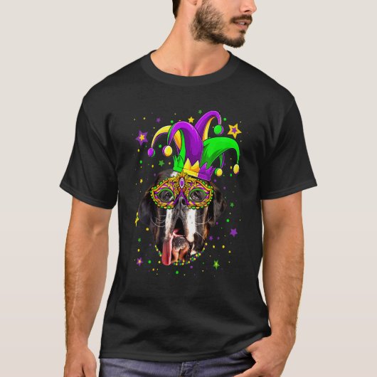 Funny Mardi Gras Bernard Dog Beads Mask Mardi Gras Tシャツ (正面)