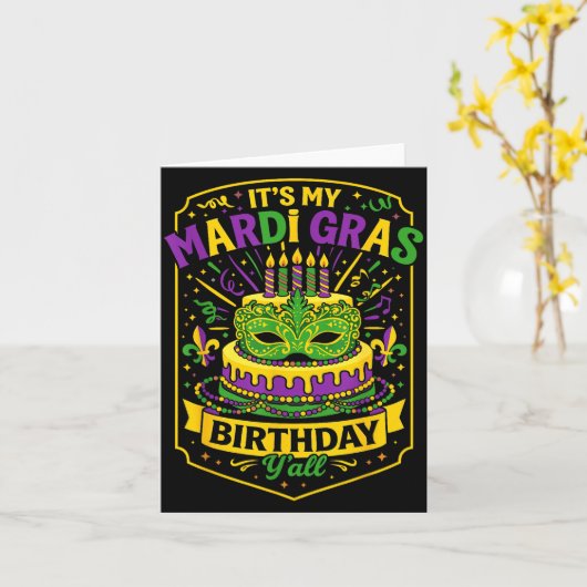 Funny Mardi Gras Birthday Y’all Cake Carnival Cele カード (黄色い花)