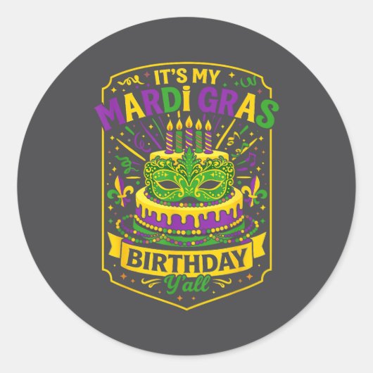 Funny Mardi Gras Birthday Y’all Cake Carnival Cele ラウンドシール (正面)