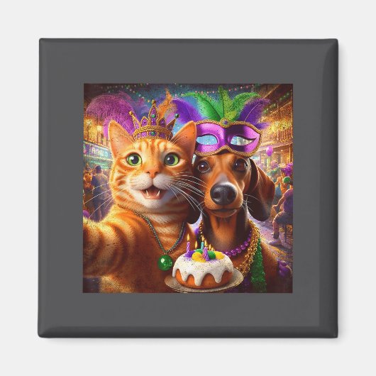 Funny Mardi Gras Cat Dachshund Selfie Squad  マグネット (正面)