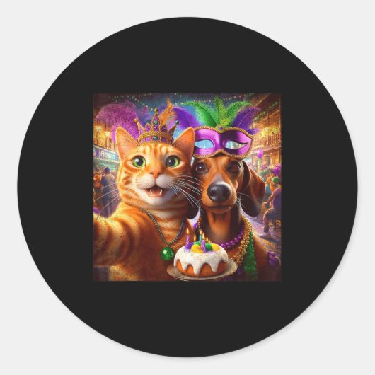 Funny Mardi Gras Cat Dachshund Selfie Squad  ラウンドシール (正面)