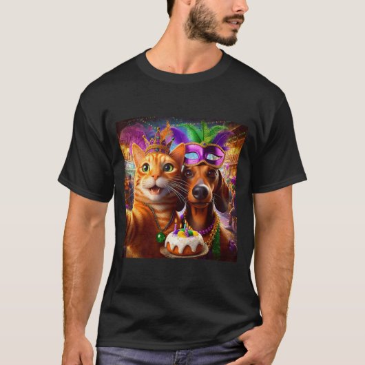 Funny Mardi Gras Cat Dachshund Selfie Squad  Tシャツ (正面)