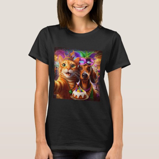 Funny Mardi Gras Cat Dachshund Selfie Squad  Tシャツ (正面)
