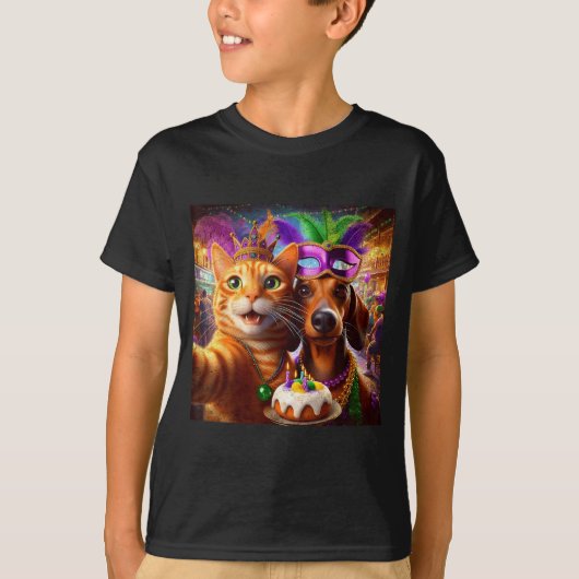 Funny Mardi Gras Cat Dachshund Selfie Squad  Tシャツ (正面)