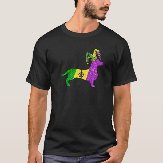 Funny Mardi Gras Dachshund Dog Mardi Gras Hat Bead Tシャツ (正面)