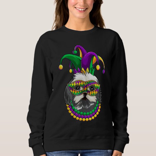 Funny Mardi Gras Dog Apparel, Shih Tzu Dog Mom Dad スウェットシャツ (正面)