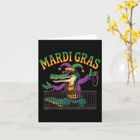 Funny Mardi Gras Gator New Orleans Party Squad Bea カード (黄色い花)