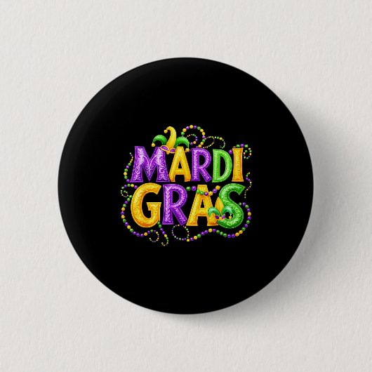 Funny Mardi Gras Parade Jester Hat Beads Men Women 缶バッジ (正面)