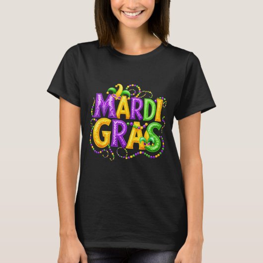 Funny Mardi Gras Parade Jester Hat Beads Men Women Tシャツ (正面)