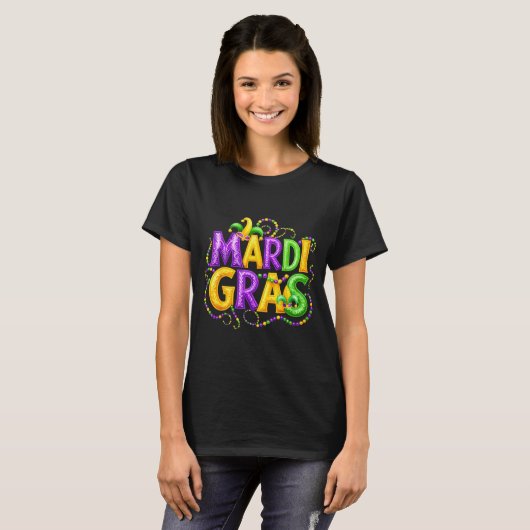 Funny Mardi Gras Parade Jester Hat Beads Men Women Tシャツ (正面フル)