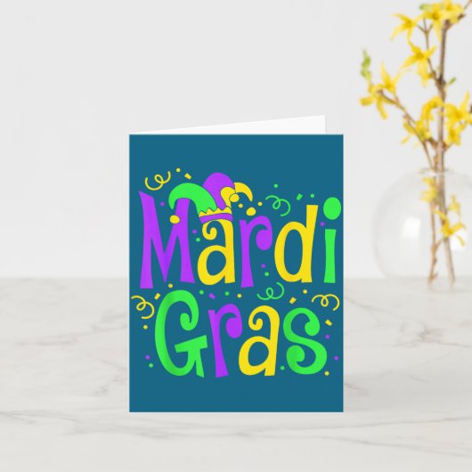 Funny Mardi Gras Parade Outfit Jester Hat Men Wome カード (黄色い花)