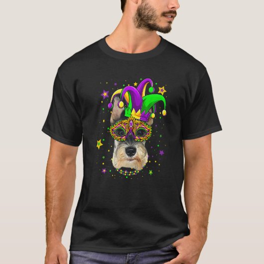 Funny Mardi Gras Schnauzer Dog Beads Mask Mardi Gr Tシャツ (正面)