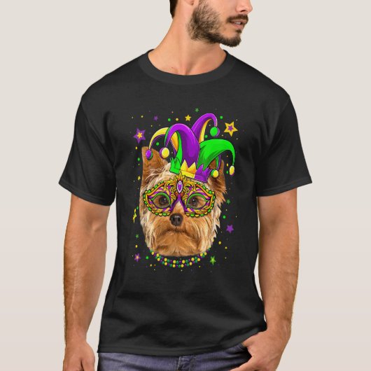 Funny Mardi Gras Yorkshire Terrier Dog Beads Mask Tシャツ (正面)