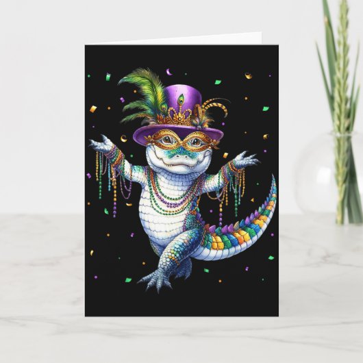 Funny Mardigator Mardi Gras Alligator Dancing Carn カード (正面)