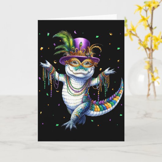 Funny Mardigator Mardi Gras Alligator Dancing Carn カード (黄色い花)